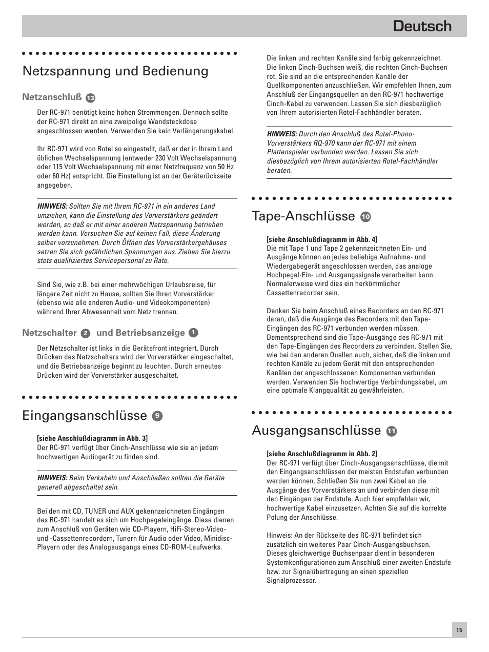 Deutsch, Netzspannung und bedienung, Eingangsanschlüsse | Tape-anschlüsse, Ausgangsanschlüsse | ROTEL RC-971 User Manual | Page 15 / 32