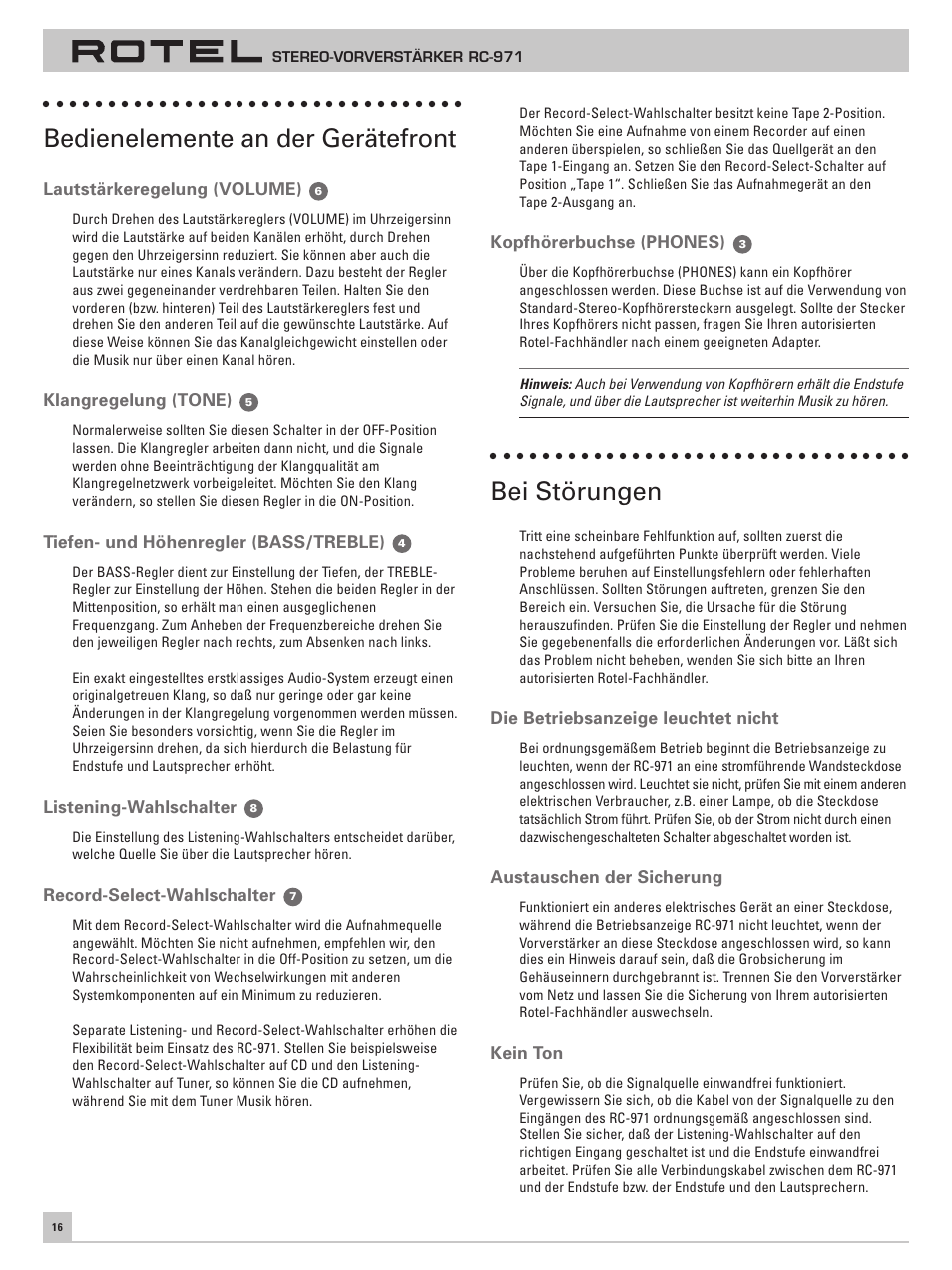 Bedienelemente an der gerätefront, Bei störungen | ROTEL RC-971 User Manual | Page 16 / 32