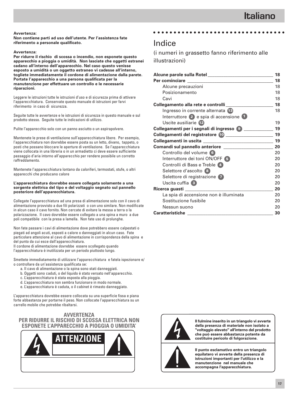 Italiano, Attenzione, Indice | ROTEL RC-971 User Manual | Page 17 / 32