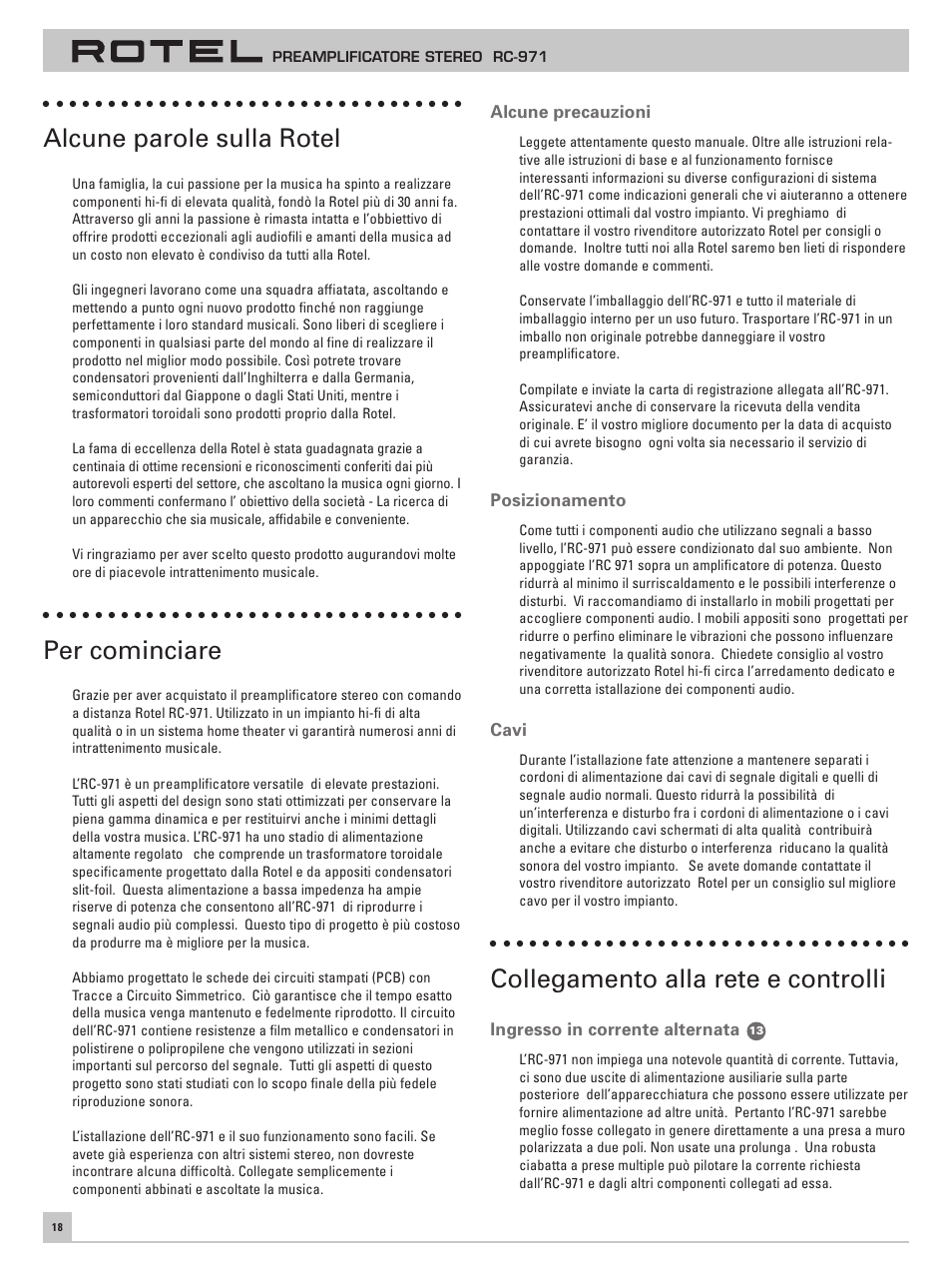 Alcune parole sulla rotel, Per cominciare, Collegamento alla rete e controlli | ROTEL RC-971 User Manual | Page 18 / 32