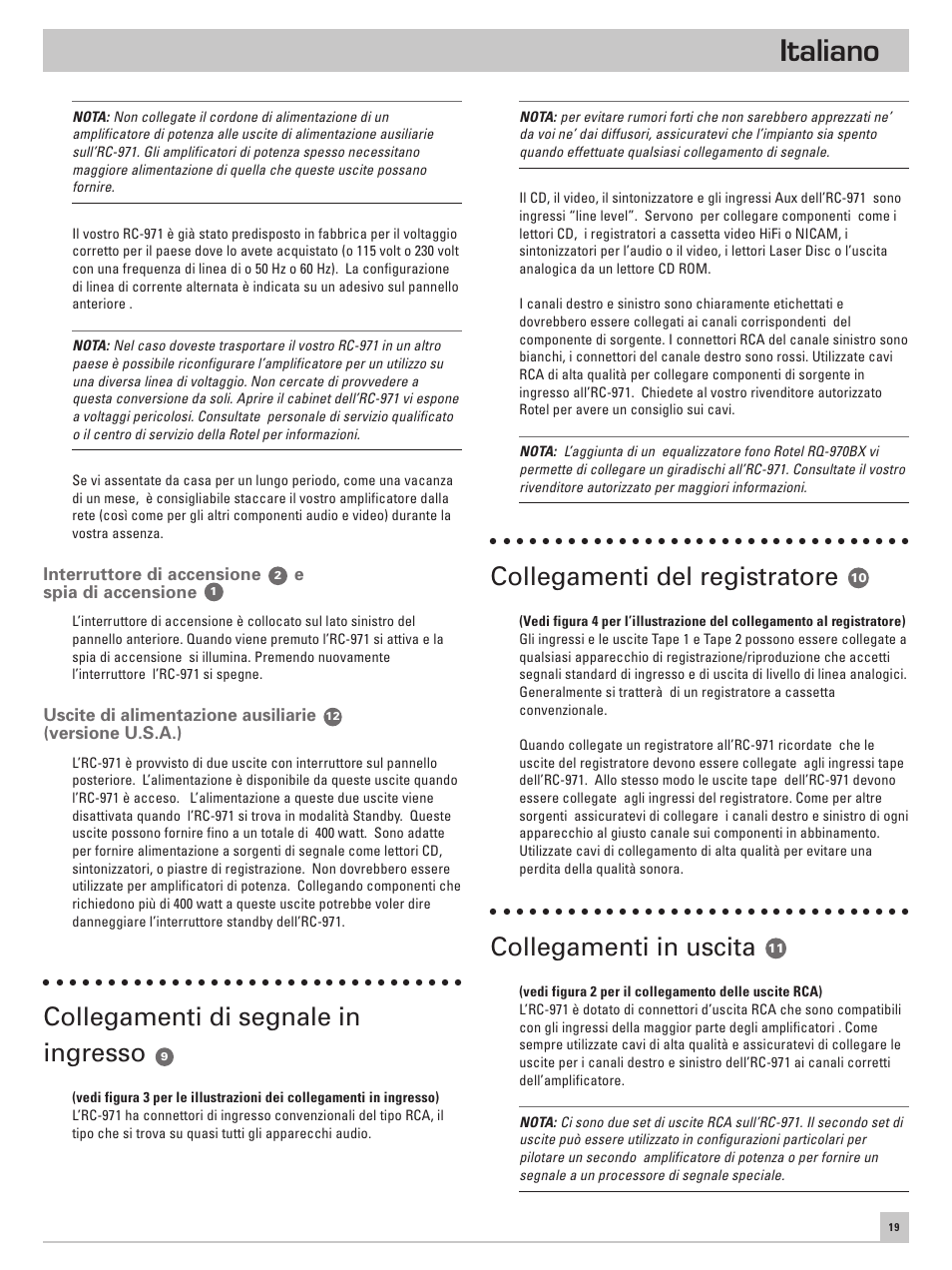 Italiano, Collegamenti di segnale in ingresso, Collegamenti del registratore | Collegamenti in uscita | ROTEL RC-971 User Manual | Page 19 / 32