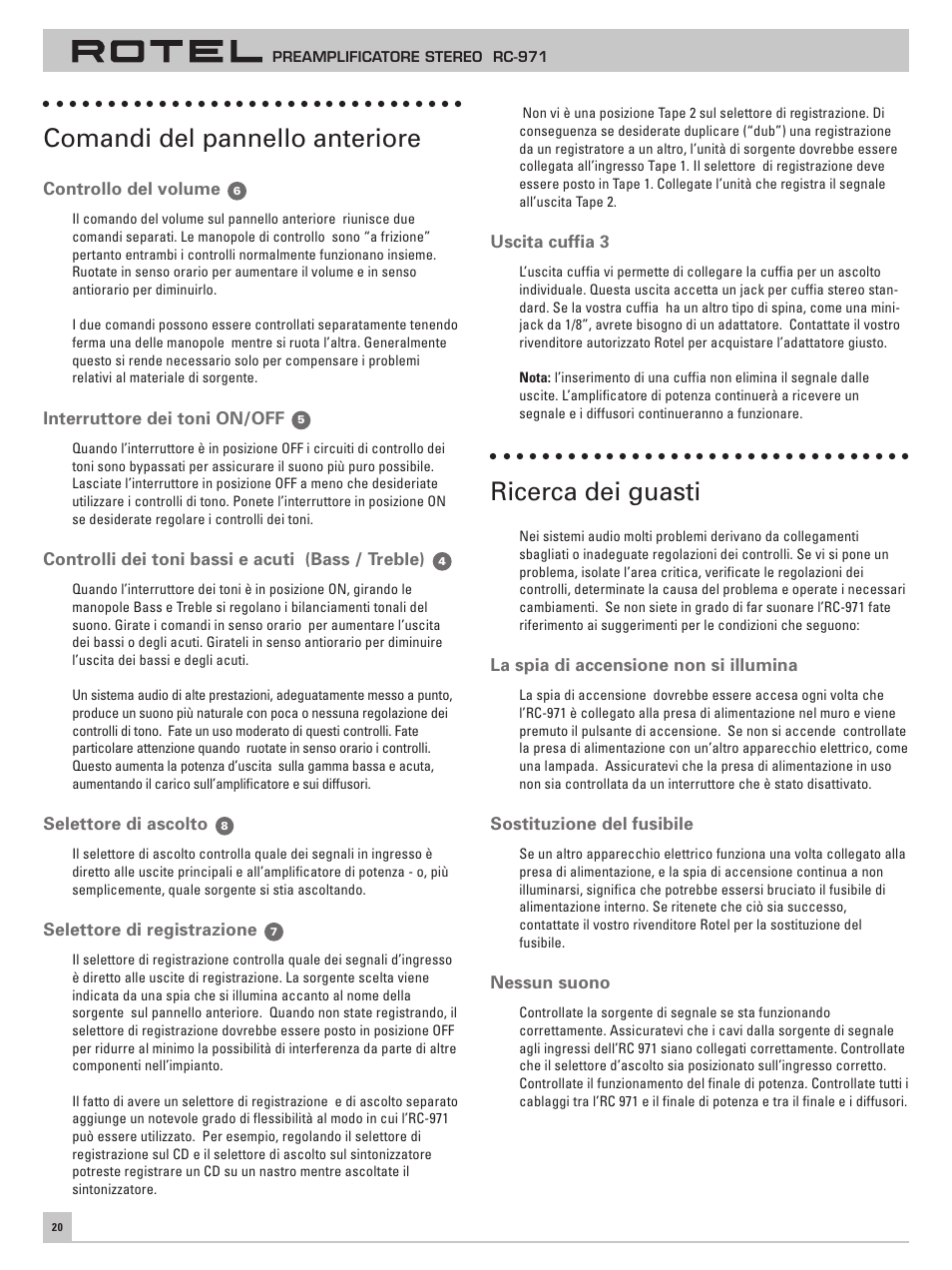 Comandi del pannello anteriore, Ricerca dei guasti | ROTEL RC-971 User Manual | Page 20 / 32