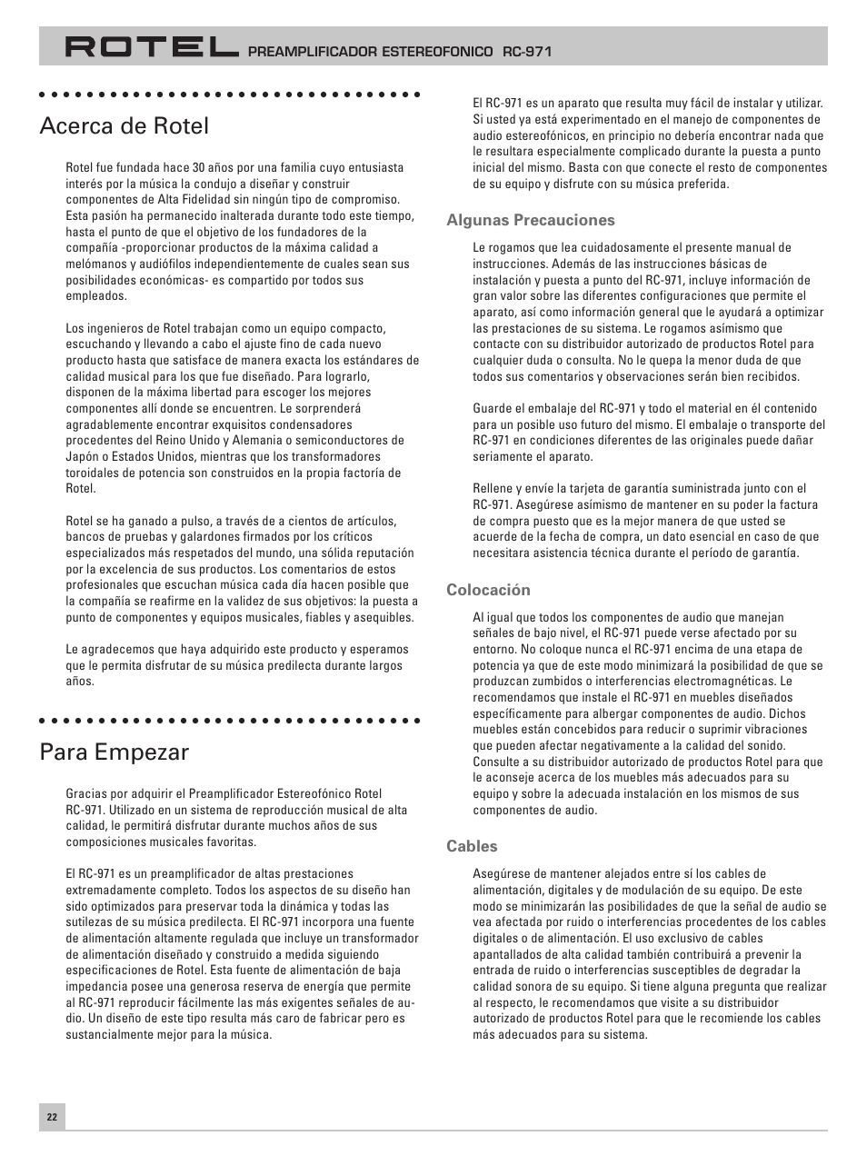 Acerca de rotel, Para empezar | ROTEL RC-971 User Manual | Page 22 / 32