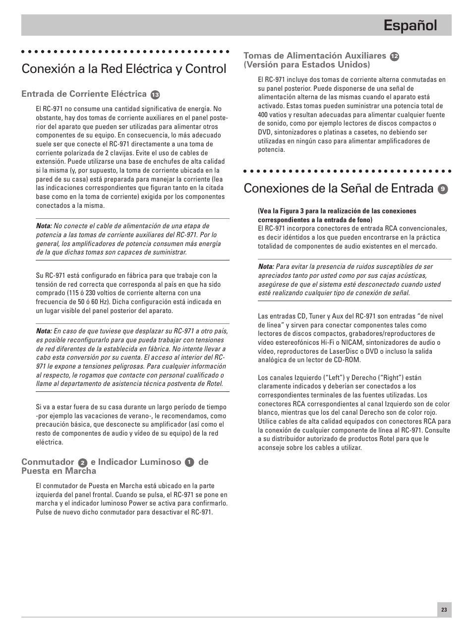 Español, Conexión a la red eléctrica y control, Conexiones de la señal de entrada | ROTEL RC-971 User Manual | Page 23 / 32