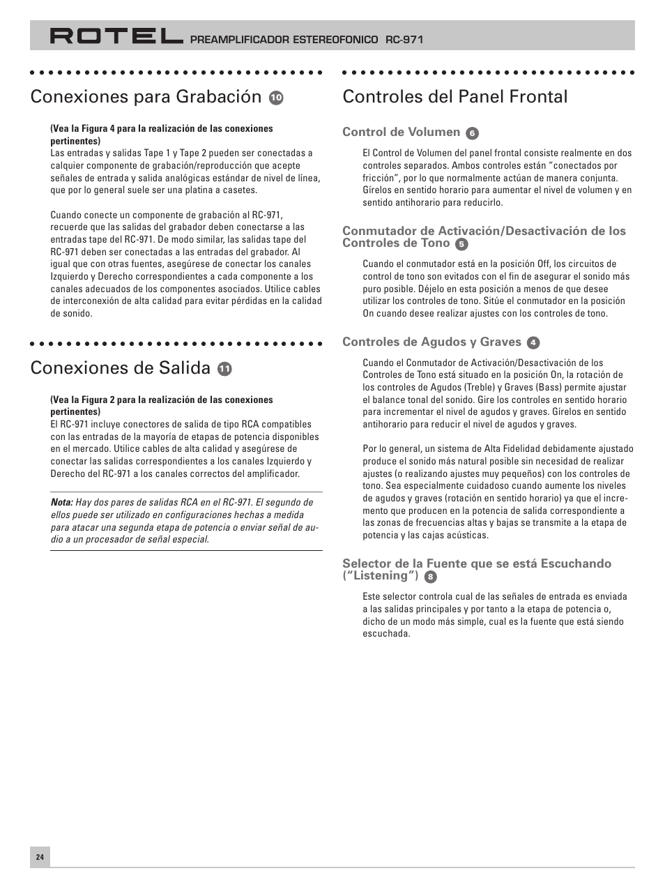 Conexiones para grabación, Conexiones de salida, Controles del panel frontal | ROTEL RC-971 User Manual | Page 24 / 32