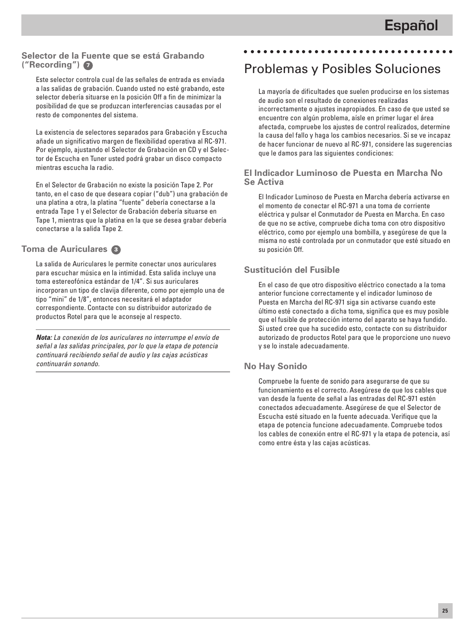 Español, Problemas y posibles soluciones | ROTEL RC-971 User Manual | Page 25 / 32