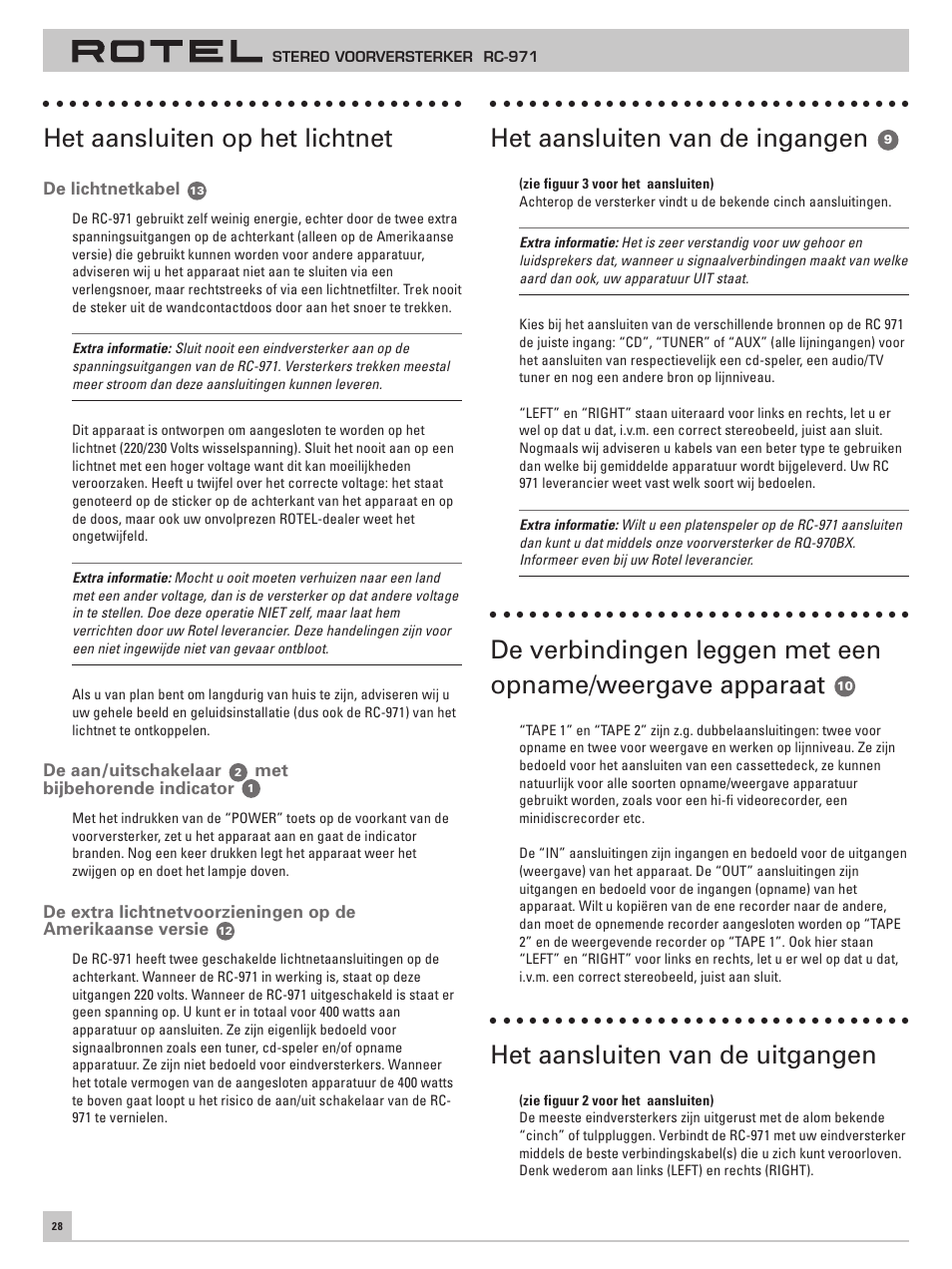 Het aansluiten op het lichtnet, Het aansluiten van de ingangen, Het aansluiten van de uitgangen | ROTEL RC-971 User Manual | Page 28 / 32