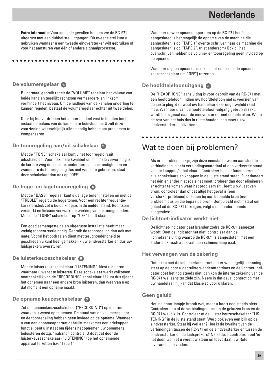 Nederlands, Wat te doen bij problemen, De bedieningsorganen | ROTEL RC-971 User Manual | Page 29 / 32