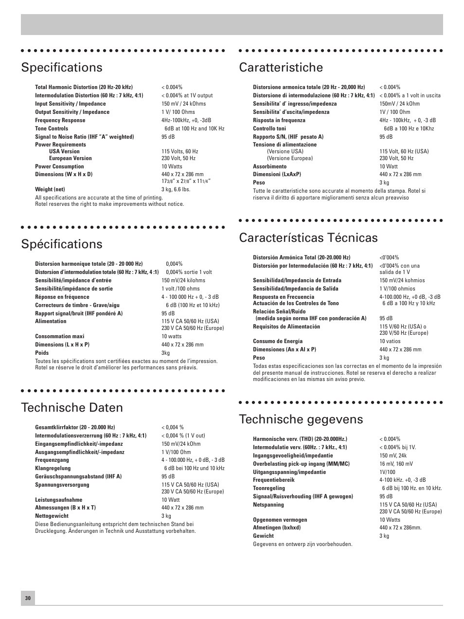 Specifications, Spécifications, Technische daten | Caratteristiche, Características técnicas, Technische gegevens | ROTEL RC-971 User Manual | Page 30 / 32