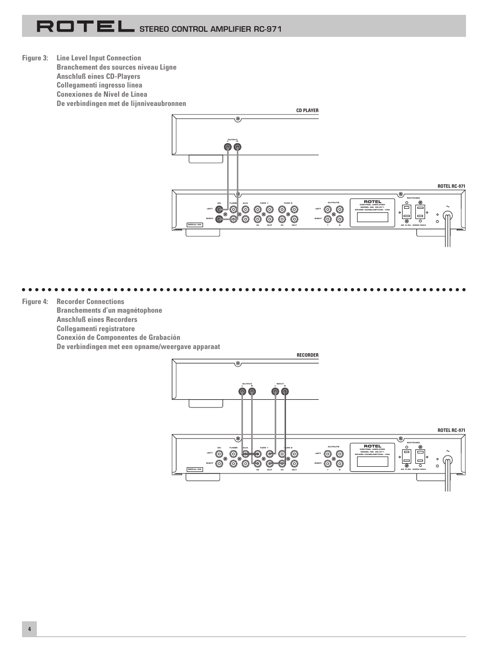 Stereo control amplifier rc-971, Cd player, Rotel rc-971 | Recorder | ROTEL RC-971 User Manual | Page 4 / 32