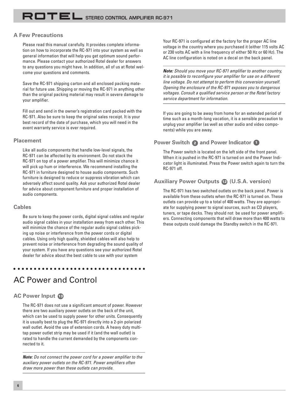 Ac power and control | ROTEL RC-971 User Manual | Page 6 / 32