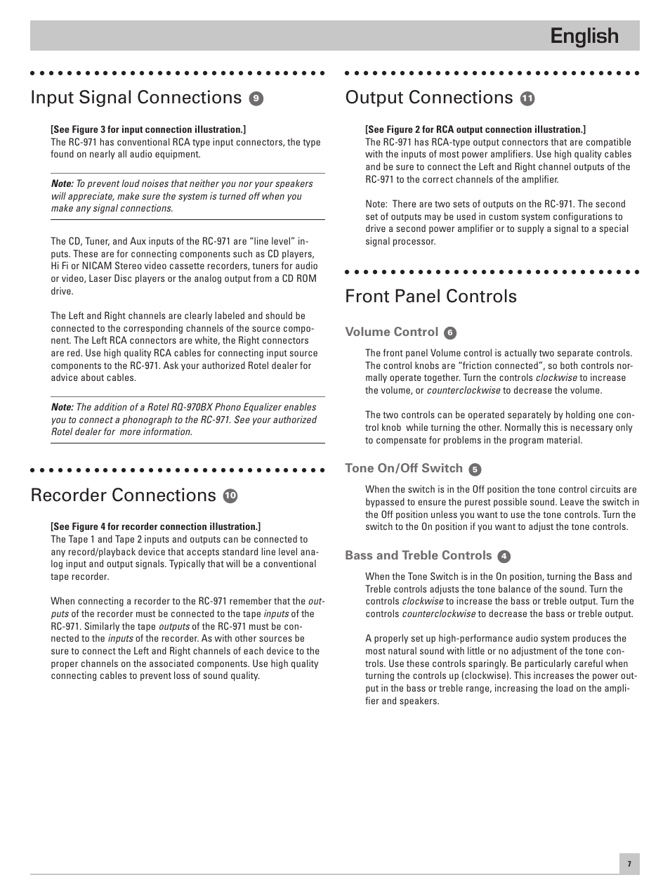 English, Output connections, Front panel controls | Input signal connections, Recorder connections | ROTEL RC-971 User Manual | Page 7 / 32
