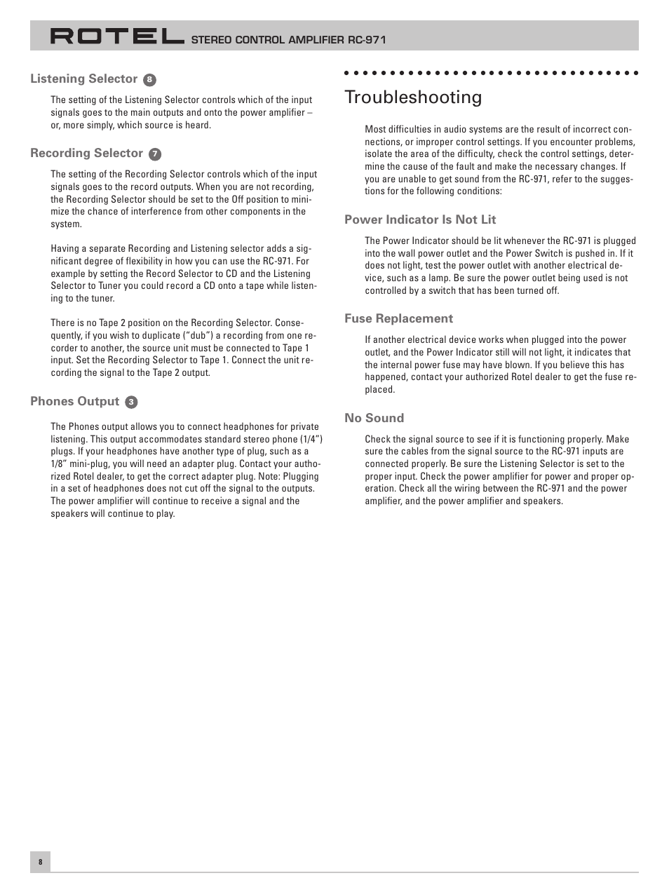 Troubleshooting | ROTEL RC-971 User Manual | Page 8 / 32