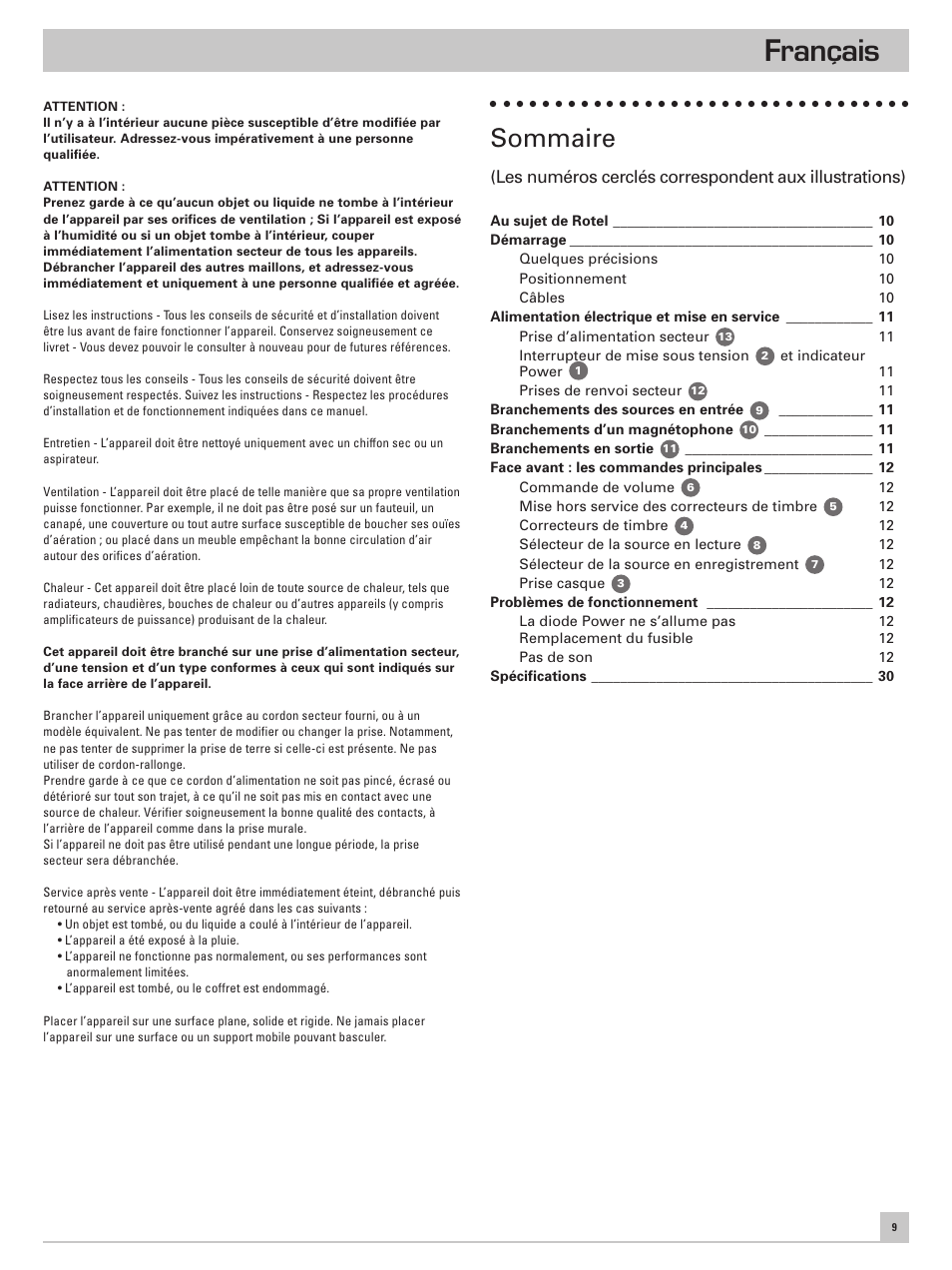 Français, Sommaire | ROTEL RC-971 User Manual | Page 9 / 32