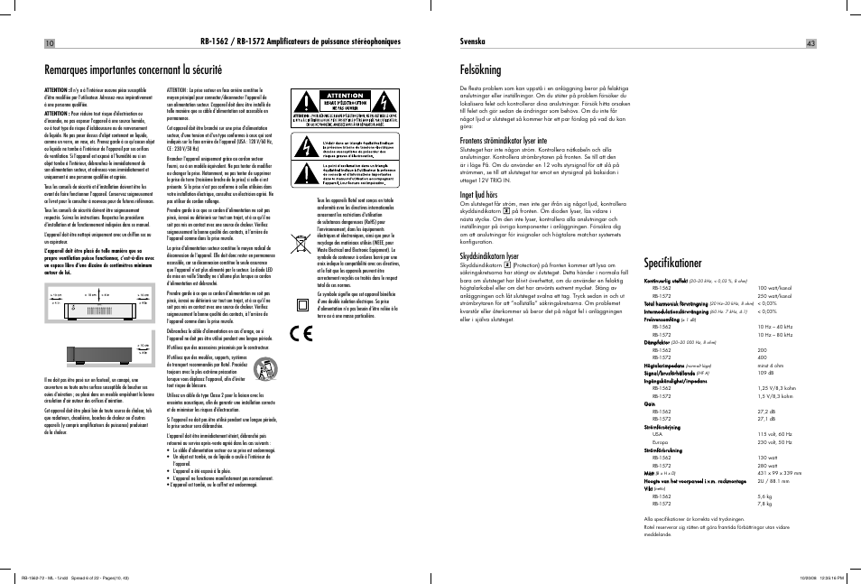 Remarques importantes concernant la sécurité, Felsökning, Specifi kationer | Svenska, Frontens strömindikator lyser inte, Inget ljud hörs, Skyddsindikatorn lyser | ROTEL RB-1572 User Manual | Page 10 / 48