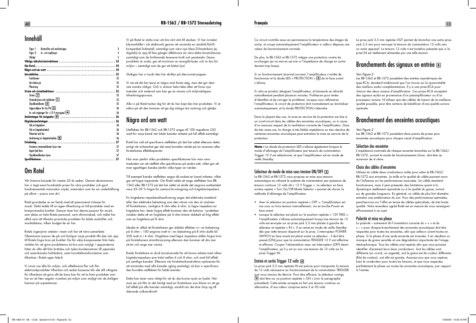 Om rotel, Några ord om watt, Innehåll | Branchements des signaux en entrée, Branchement des enceintes acoustiques | ROTEL RB-1572 User Manual | Page 13 / 48