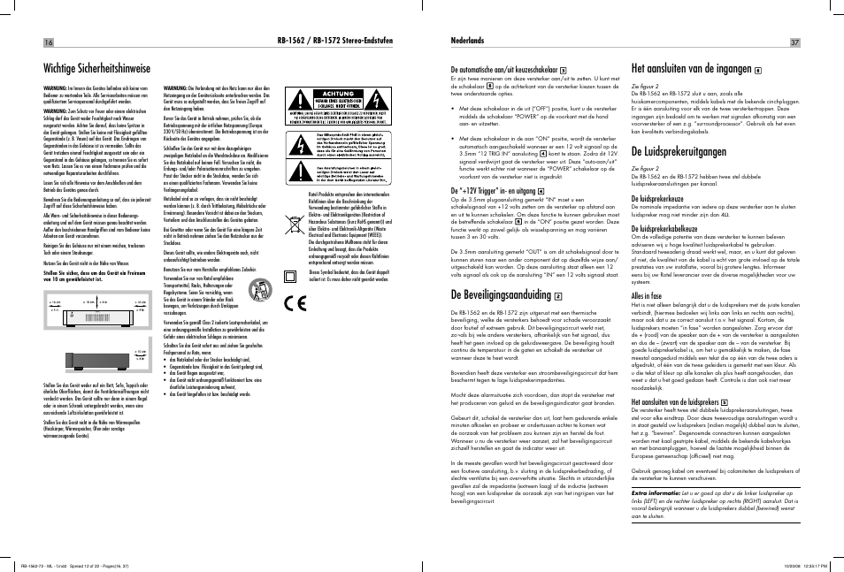 Wichtige sicherheitshinweise, De beveiligingsaanduiding, Het aansluiten van de ingangen | De luidsprekeruitgangen | ROTEL RB-1572 User Manual | Page 15 / 48