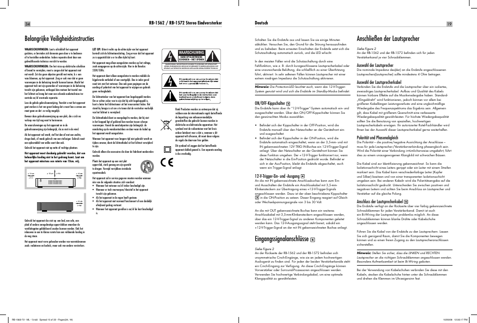 Belangrijke veiligheidsinstructies, Eingangssignalanschlüsse, Anschließen der lautsprecher | ROTEL RB-1572 User Manual | Page 18 / 48