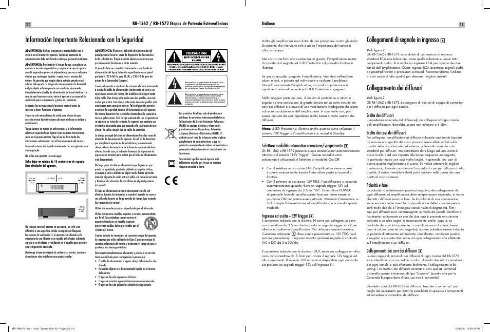 Collegamenti di segnale in ingresso, Collegamento dei diffusori | ROTEL RB-1572 User Manual | Page 20 / 48