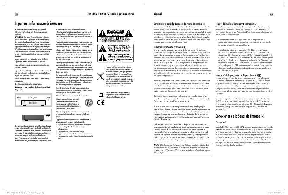 Importanti informazioni di sicurezza, Conexiones de la señal de entrada | ROTEL RB-1572 User Manual | Page 23 / 48