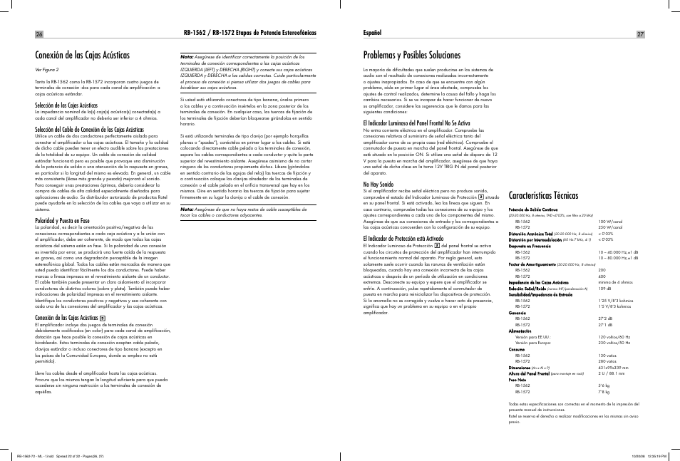 Conexión de las cajas acústicas, Problemas y posibles soluciones, Características técnicas | ROTEL RB-1572 User Manual | Page 24 / 48