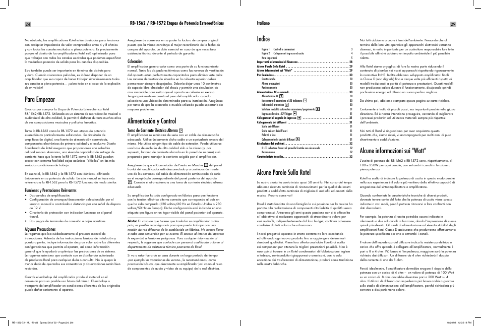 Para empezar, Alimentación y control, Alcune parole sulla rotel | Alcune informazioni sui “watt, Indice | ROTEL RB-1572 User Manual | Page 28 / 48