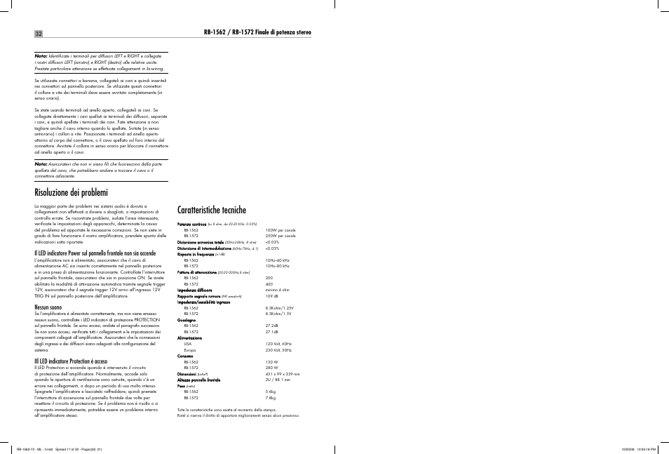 Risoluzione dei problemi, Caratteristiche tecniche, Nessun suono | Iil led indicatore protection è acceso | ROTEL RB-1572 User Manual | Page 31 / 48