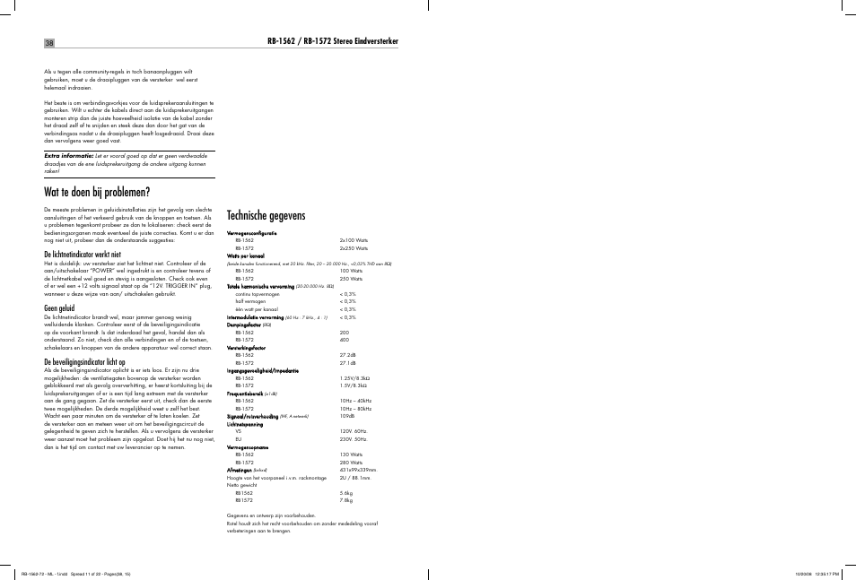Wat te doen bij problemen, Technische gegevens, De lichtnetindicator werkt niet | Geen geluid, De beveiligingsindicator licht op | ROTEL RB-1572 User Manual | Page 37 / 48