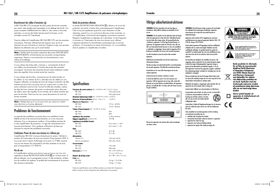 Problèmes de fonctionnement, Spécifi cations, Viktiga säkerhetsinstruktioner | Pas de son, Diode de protection allumée, Svenska | ROTEL RB-1572 User Manual | Page 38 / 48