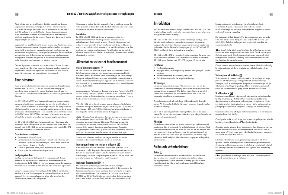 Pour démarrer, Alimentation secteur et fonctionnement, Introduktion | Ström och strömfunktioner | ROTEL RB-1572 User Manual | Page 40 / 48