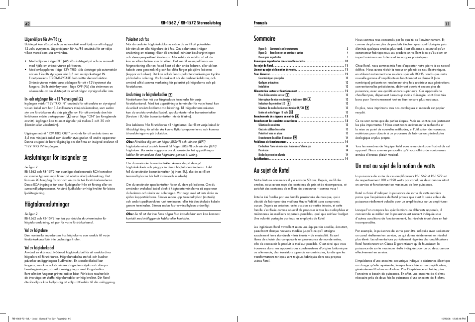 Anslutningar för insignaler, Högtalaranslutningar, Au sujet de rotel | Un mot au sujet de la notion de watts, Sommaire | ROTEL RB-1572 User Manual | Page 41 / 48
