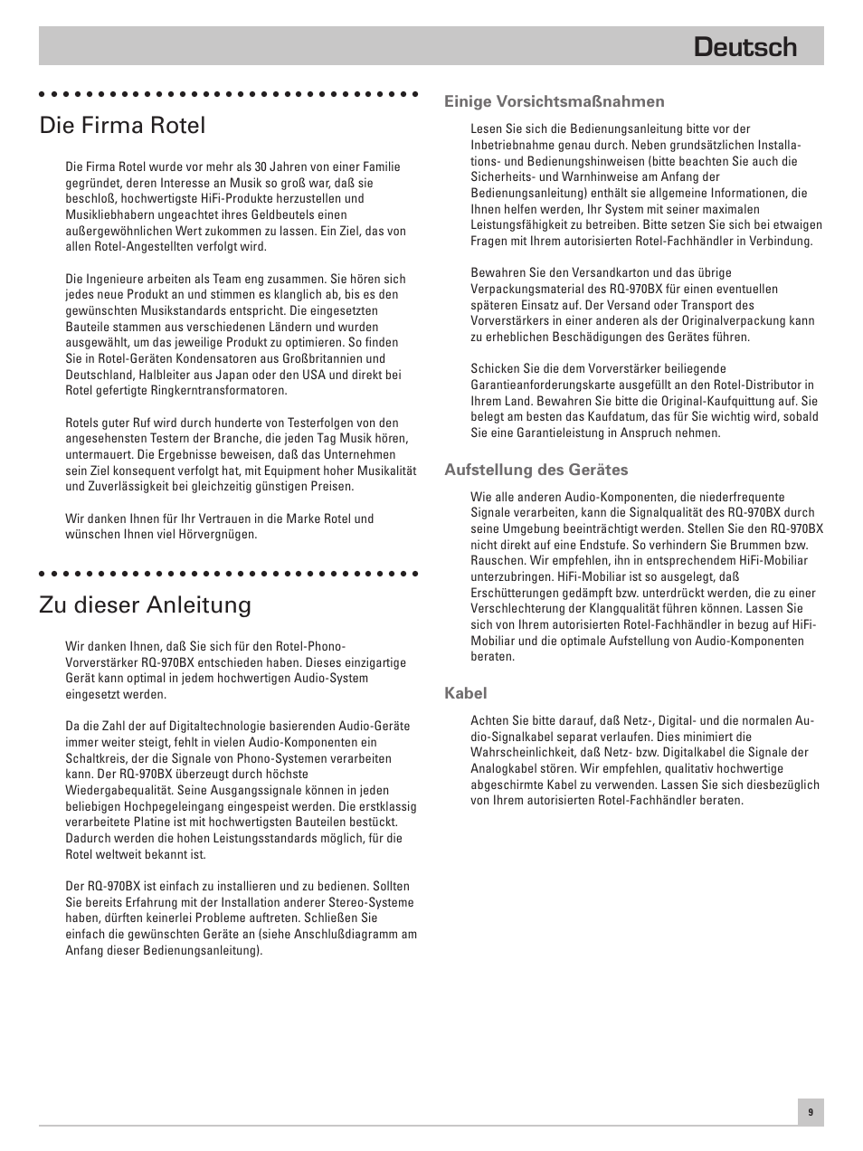 Deutsch, Die firma rotel, Zu dieser anleitung | ROTEL RQ-970BX User Manual | Page 13 / 32