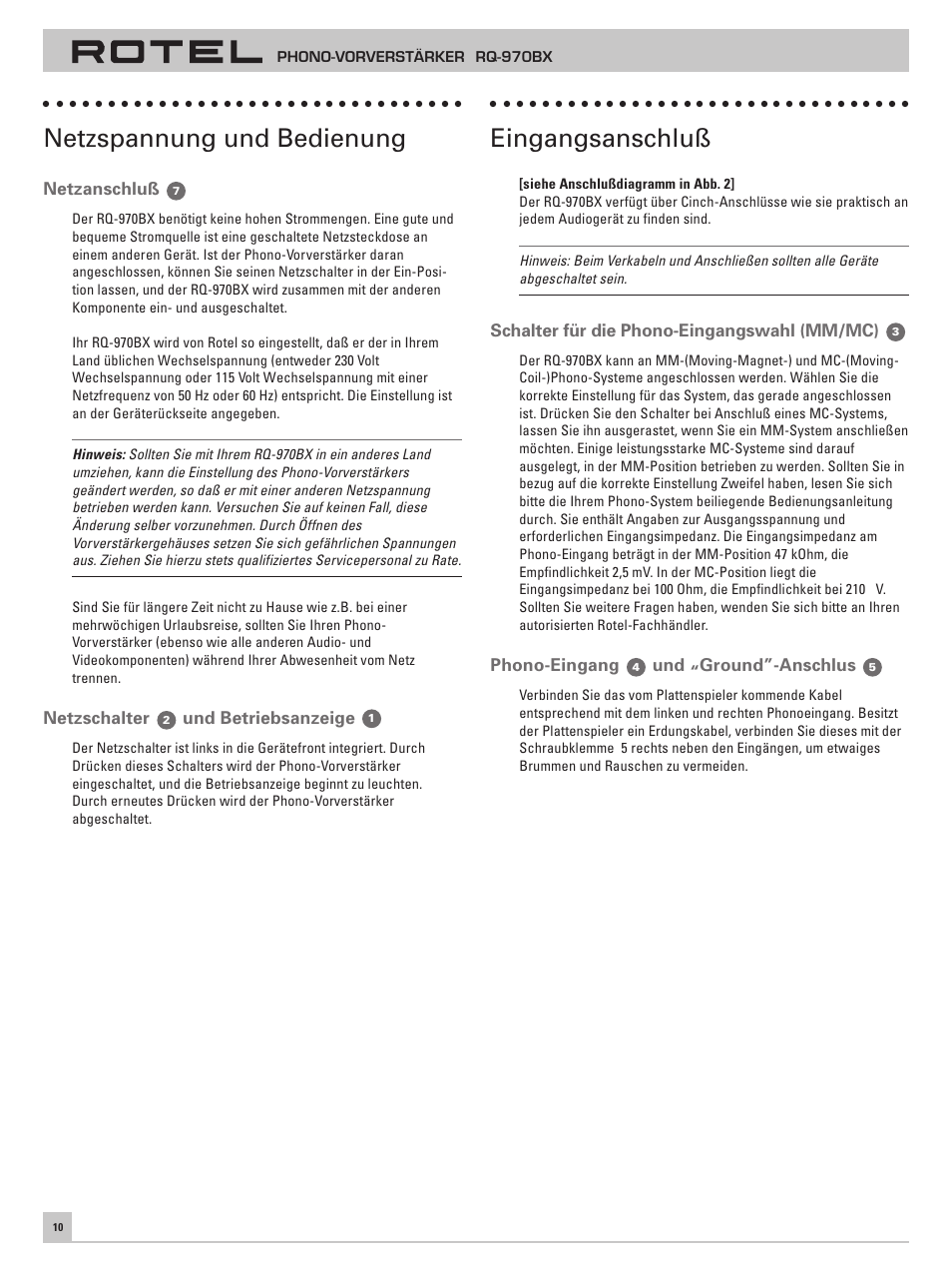 Netzspannung und bedienung, Eingangsanschluß | ROTEL RQ-970BX User Manual | Page 14 / 32