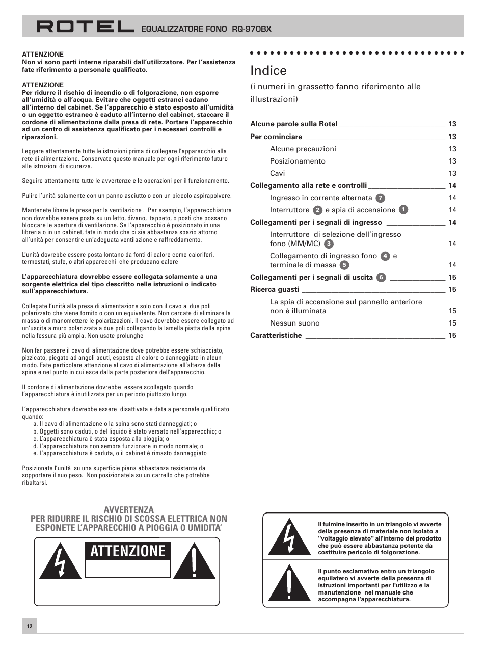 Attenzione, Indice | ROTEL RQ-970BX User Manual | Page 16 / 32