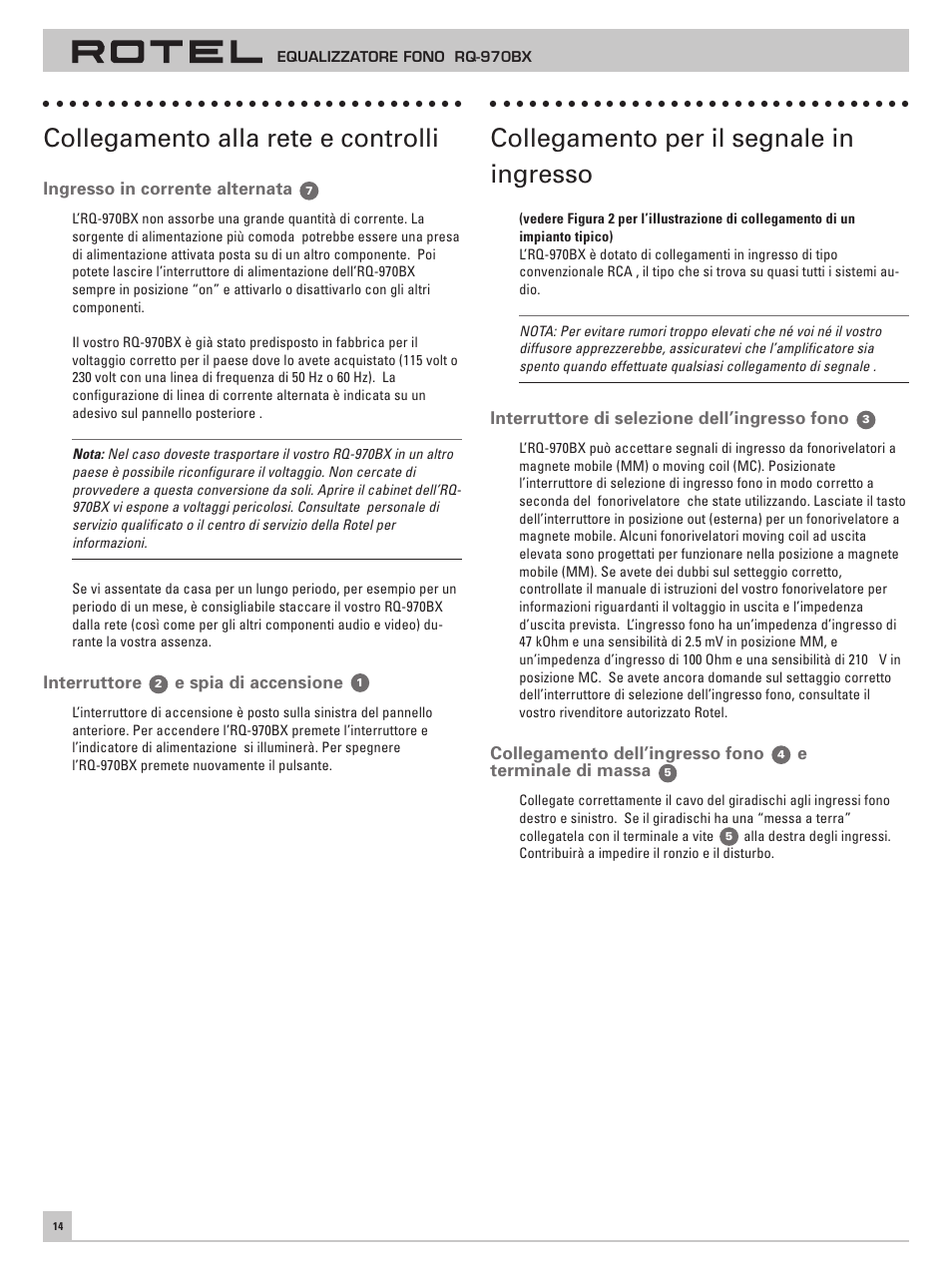 Collegamento alla rete e controlli, Collegamento per il segnale in ingresso | ROTEL RQ-970BX User Manual | Page 18 / 32