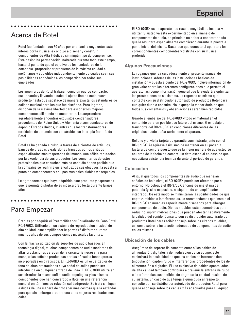 Español, Acerca de rotel, Para empezar | ROTEL RQ-970BX User Manual | Page 21 / 32