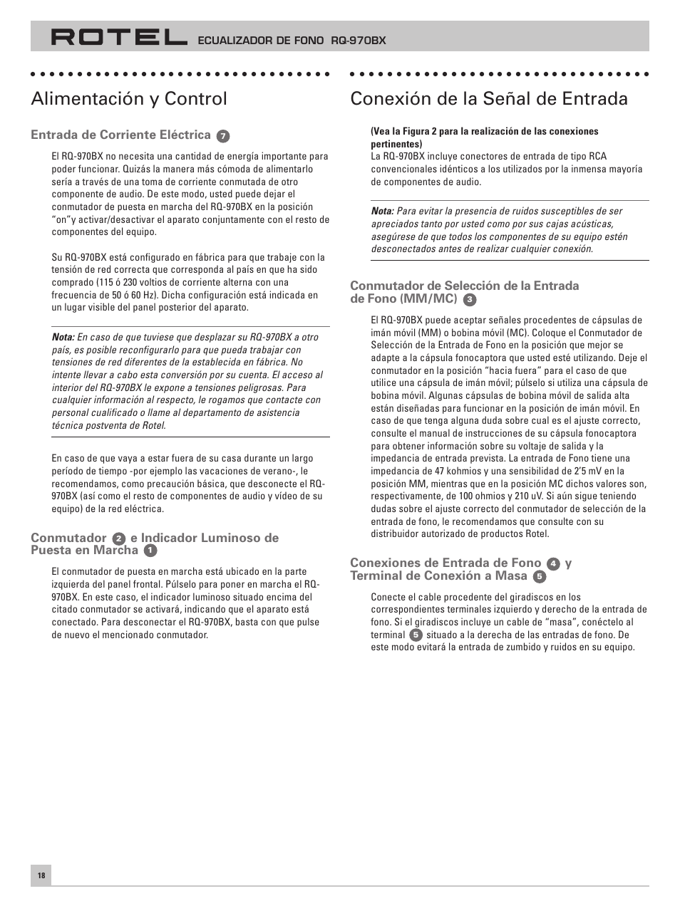 Alimentación y control, Conexión de la señal de entrada | ROTEL RQ-970BX User Manual | Page 22 / 32