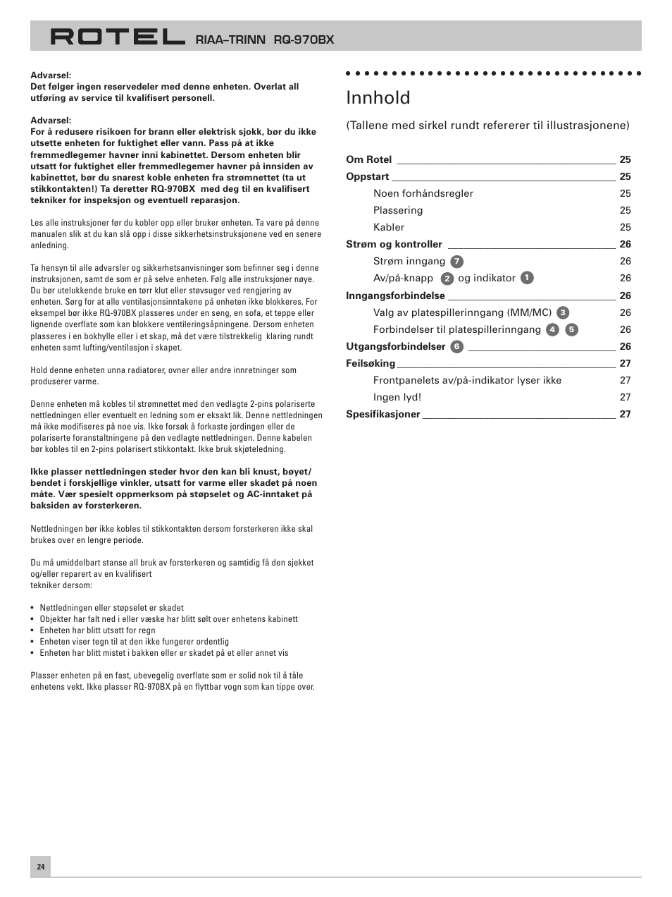 Innhold | ROTEL RQ-970BX User Manual | Page 28 / 32