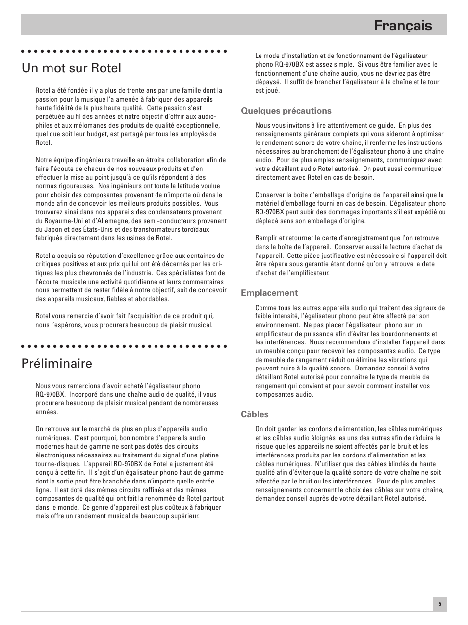 Français, Un mot sur rotel, Préliminaire | ROTEL RQ-970BX User Manual | Page 9 / 32