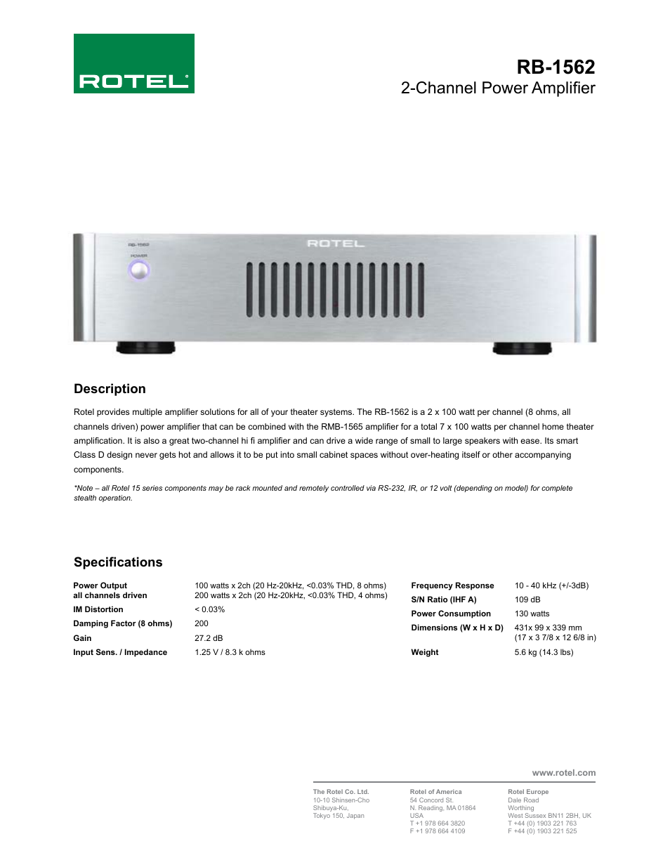 ROTEL 2-Channel Power Amplifier RB-1562 User Manual | 1 page