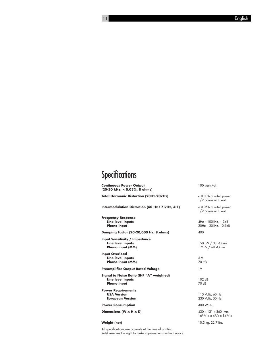 Specifications, English | ROTEL RA-1070 User Manual | Page 11 / 12