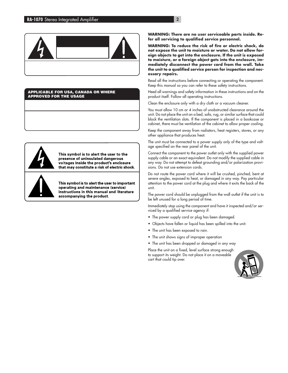 Caution, Risk of electric shock do not open | ROTEL RA-1070 User Manual | Page 2 / 12