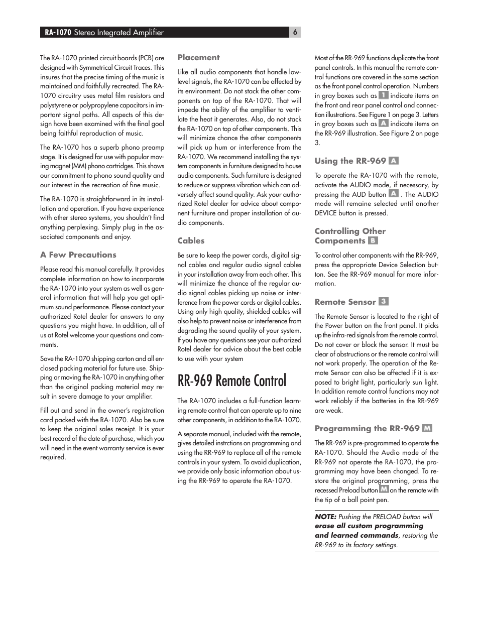 Rr-969 remote control | ROTEL RA-1070 User Manual | Page 6 / 12