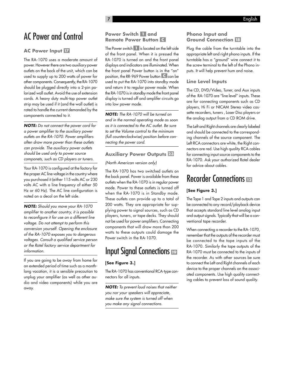 Ac power and control, Input signal connections, Recorder connections | ROTEL RA-1070 User Manual | Page 7 / 12