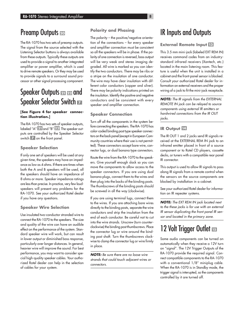 Preamp outputs, Speaker outputs and speaker selector switch, Ir inputs and outputs | 12 volt trigger outlet | ROTEL RA-1070 User Manual | Page 8 / 12