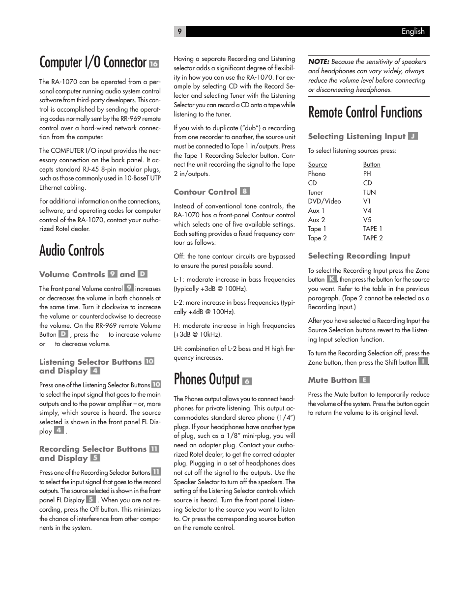 Computer i/o connector, Audio controls, Phones output | Remote control functions | ROTEL RA-1070 User Manual | Page 9 / 12