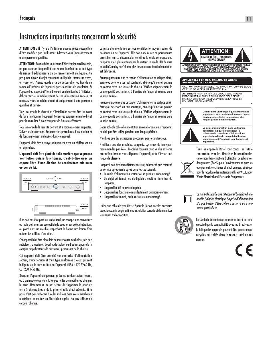 Instructions importantes concernant la sécurité, Français, Attention | ROTEL RA-05 SE User Manual | Page 11 / 64