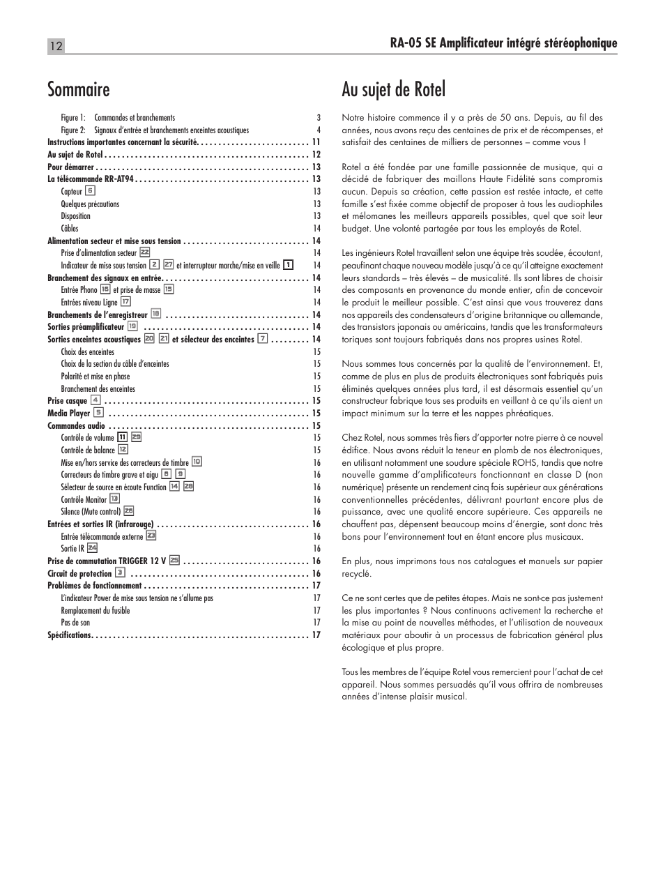 Au sujet de rotel, Sommaire, Ra-05 se ampliﬁcateur intégré stéréophonique | ROTEL RA-05 SE User Manual | Page 12 / 64