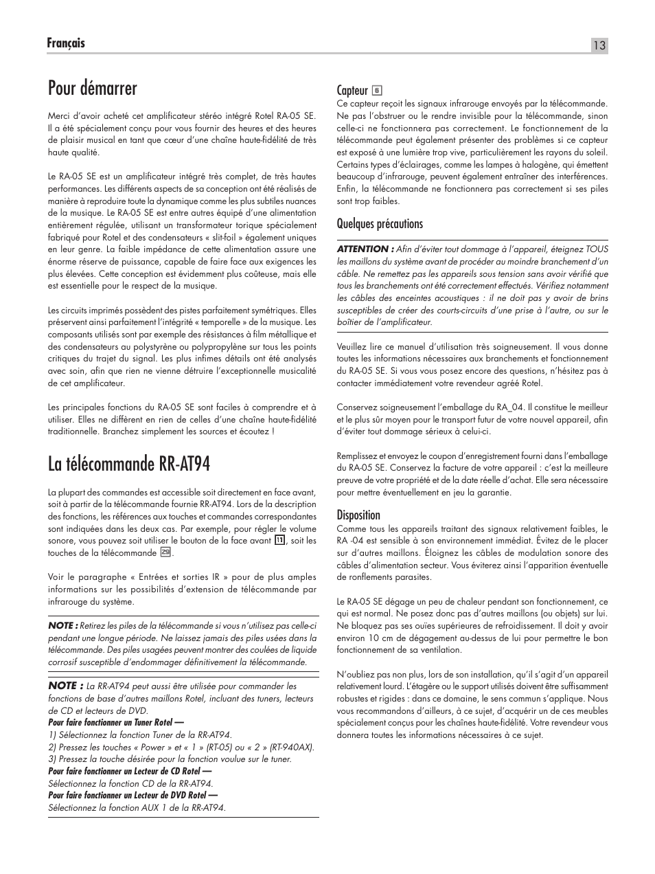 Pour démarrer, La télécommande rr-at94, Français | Capteur, Quelques précautions, Disposition | ROTEL RA-05 SE User Manual | Page 13 / 64