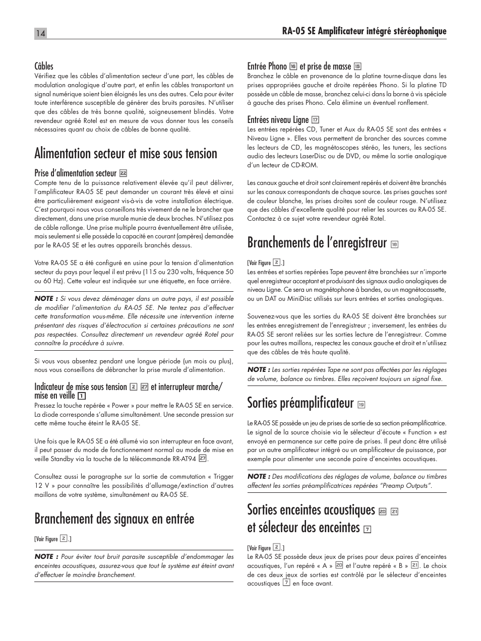 Alimentation secteur et mise sous tension, Branchement des signaux en entrée, Branchements de l’enregistreur | Sorties préampliﬁcateur, Sorties enceintes acoustiques, Et sélecteur des enceintes | ROTEL RA-05 SE User Manual | Page 14 / 64